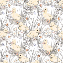 Seamless pattern with cute yellow ducklings and spring flowers. Hand-drawn sketch style illustration for baby fabric, wallpaper, wrapping paper, and nursery decor.