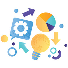 Digital Illustration of Business Analytics and Idea Generation with Light Bulb Gear Icon and Pie Chart on Transparent Background