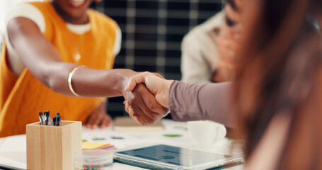 Solar panel, shaking hands or team in office with tablet, success or approval of sustainable...