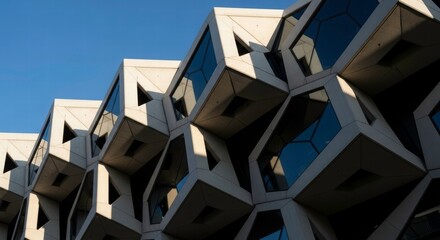 Architectural Geometry: An eye-level shot captures a modern, geometric building facade under a clear blue sky, emphasizing the intricate design and sharp angles of the structure.
