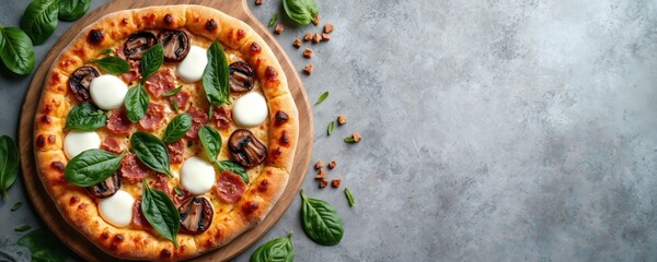 Whole pizza with meat, mushrooms, mozzarella, and fresh basil leaves sits on a wooden board against a gray textured background. Delicious Italian dish ready to eat, perfect for food blogs and menus.