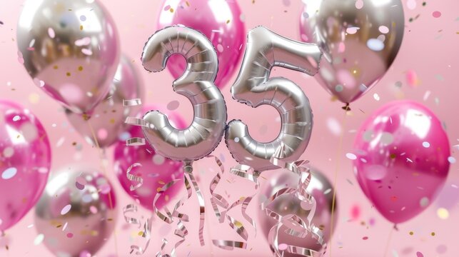 Colorful balloons in pink and silver celebrate a milestone birthday with the number 35 prominently displayed. Confetti adds a festive touch.