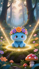 Obraz premium A fluffy blue creature with a flower crown sits shyly in an enchanted forest glade, surrounded by glowing golden light, vibrant flowers, and red toadstools in a dreamy, magical atmosphere.