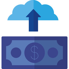 Digital Cloud Upload Icon Over Blue Dollar Bill Symbolizing Financial Data Transfer and Online Transactions with Transparent Background