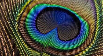 Obraz premium Extreme closeup of a peacock feather showing the intricate details and vibrant iridescent colors of the eye