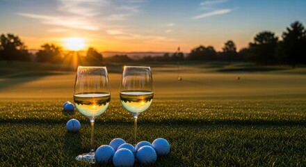 Sunset Cheers on the Green: The warm embrace of the setting sun bathes two glasses of fine wine, set amidst golf balls on a manicured green, capturing a moment of relaxed leisure and refined taste.