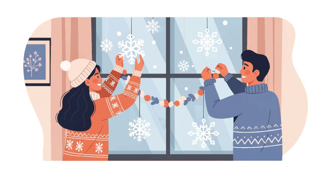 A young couple decorating a window with snowflake ornaments in a cozy room with warm lighting and winter clothing.