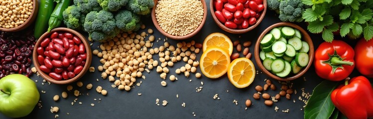 Assortment of fresh organic fruits vegetables and nuts arranged on dark surface. Healthy raw food, plant based protein sources, colourful ingredients for balanced diet and wellness.