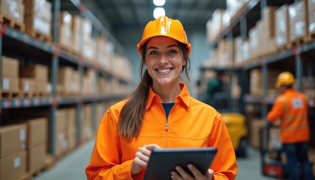 Female warehouse worker holds tablet smiles. Woman in orange uniform with hard hat in logistics environment. Inventory management in distribution center. Workers and forklift operate in background. - Powered by Adobe