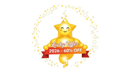 Lucky Offer: A cheerful star character, the beacon of a lucky offer, radiates joy and beckons with a tempting discount. This image invites opportunity.