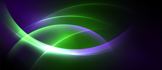 Abstract design features flowing curves, vibrant purple, green hues. Bright light emanates from central point, creating dynamic visual effect.