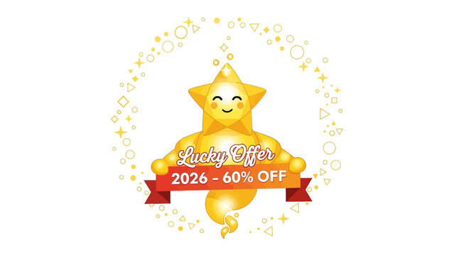 Lucky Offer: A cheerful star character, the beacon of a lucky offer, radiates joy and beckons with a tempting discount. This image invites opportunity.