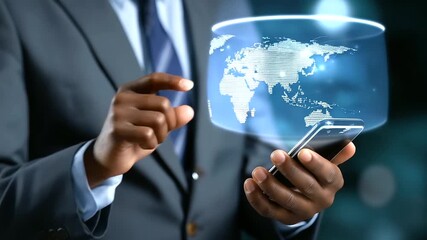 Defocused businessman in suit with sharp focused smartphone displaying global network and data integration overlay, with copy space - Powered by Adobe