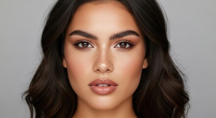 Naklejka premium Young hispanic female with long brown hair and natural makeup