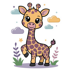 A cute cartoon baby giraffe with big eyes, surrounded by pastel clouds and stars. This adorable is perfect for nursery decor, baby showers, or children design, isolated on a white background.