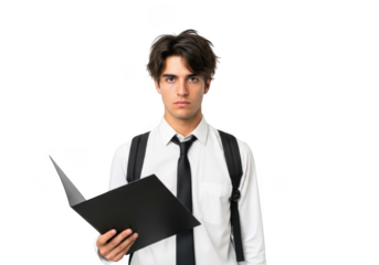 Young male student with glasses and backpack holding a folder looking seriously at the camera isolated on transparent background