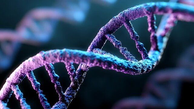 Detailed close up 3d rendering of a vibrant purple and blue dna double helix molecule structure against a dark blurred background representing scientific research and genetic sequencing