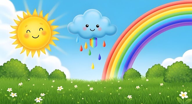Bright cartoon scene of a smiling sun and a cute cloud raining colorful raindrops over a green field and rainbow. Children's fun, cheerful weather, and happy spring. Simple landscape illustration