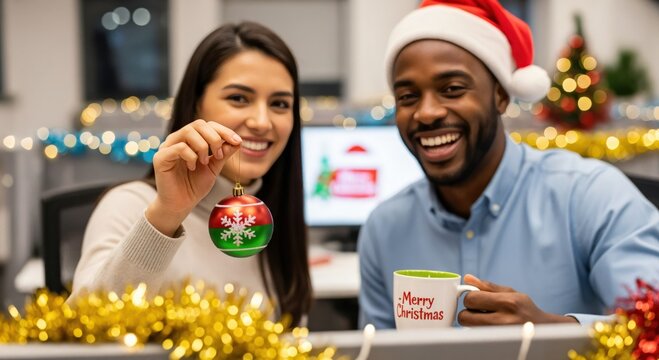 Happy diverse young colleagues celebrating Christmas in a festive office, a woman holding an ornament and a man wearing a Santa hat with a holiday mug.