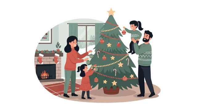 Happy family with children joyfully decorating a Christmas tree together in their cozy home, celebrating the festive winter holiday season - Powered by Adobe