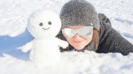 Happy woman in sunglasses and winter hat lying next to a cute little snowman in bright, fresh snow