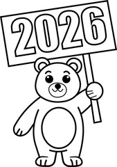 Cartoon bear holding a sign with the year 2026 in black outline