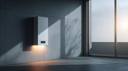 Home Battery Backup System Installation beside Solar Inverter in Modern Living Space Interior Design Technological Advancement Bright Environment Minimalist Viewpoint