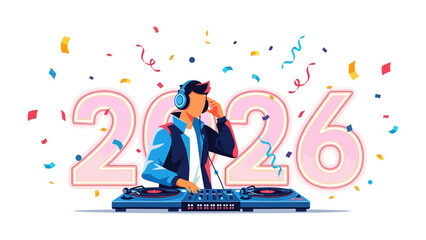 Musical Countdown to 2026: A vibrant illustration showcasing a DJ mixing music, framed by the numerical representation of the year 2026.