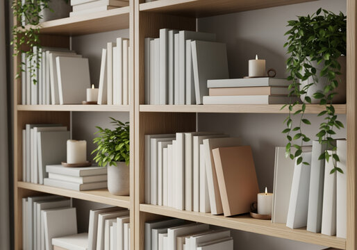 Bookshelves with plants and candles