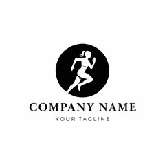Silhouette of a female runner in a black circle logo design for fitness.