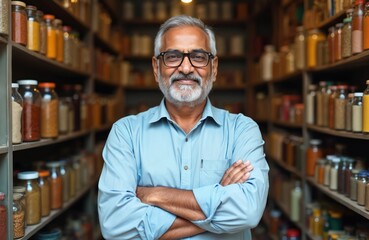Confident senior indian man stands in local grocery. Proud elderly entrepreneur with arms crossed poses at small family business. Happy male shopkeeper smiles inside spice shop with jars on shelves,