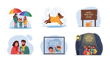 Fototapeta premium New Year 2026: An enchanting array of images unveils the heartwarming essence of the upcoming year, from families enjoying rain to the adorable sight of a pet dog. Every scene conveys joy, unity.