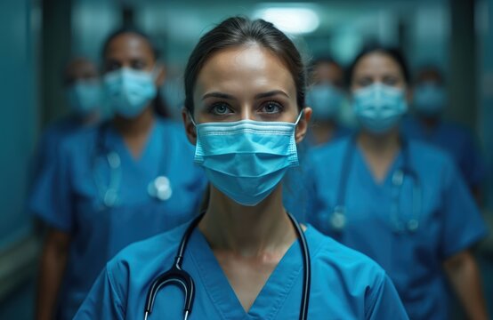 Medical team wearing face masks walks down hospital hallway. Professionals in blue scrubs with stethoscopes ready for duty. Caring doctors and nurses united.
