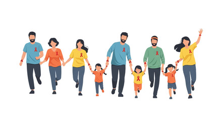 Fototapeta premium Illustration of a diverse group of people walking hand in hand in a line against a white background with a sense of unity and togetherness.