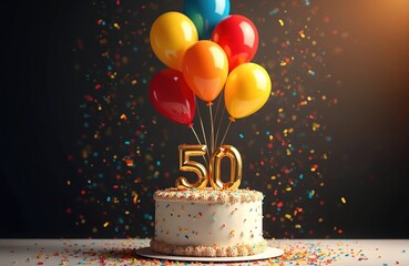 Golden number fifty on festive birthday cake with colorful balloons. Falling confetti decorates party for 50th anniversary. Milestone jubilee celebration with sweet dessert against dark background