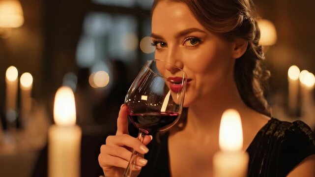 Elegant Woman Enjoying Red Wine by Candlelight