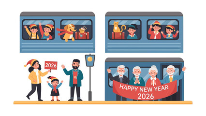New Year Train Journey: A collection of scenes depicting people and a dog traveling on a train, celebrating the upcoming New Year in 2026, with joyful passengers and a welcoming banner.