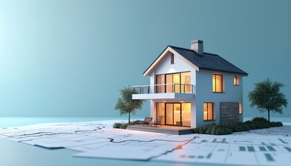 Modern house model with architectural plans. Building design and blueprints show exterior elevation and layout. Construction project development for home.