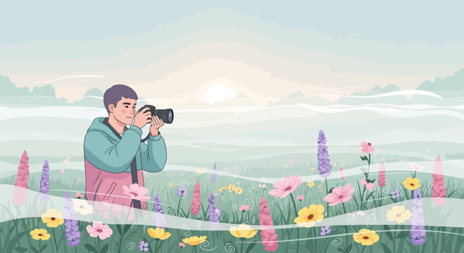 Photographer capturing the beauty of nature amidst blooming flower field