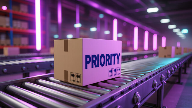A glowing “PRIORITY” package glides along a neon-lit conveyor in a futuristic automated warehouse, symbolizing speed, technology, and modern logistics.