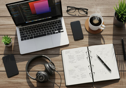 Workspace with laptop coffee headphones notebook