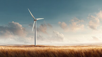 Isolated Wind Generator Standing in Grassy Plains Nature Landscape Standard Scale View Emphasizing Renewable Energy Concept in a Serene Environment