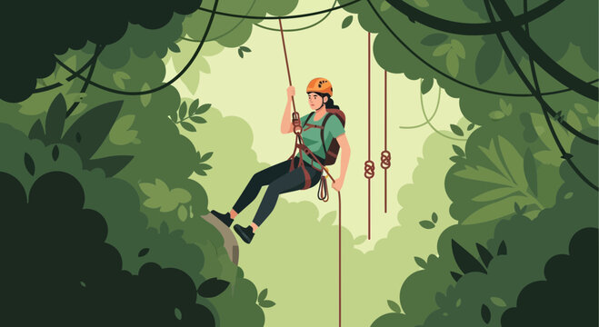 Adventurous woman rappelling down in lush tropical jungle environment