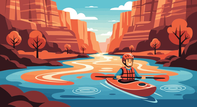 Kayaker explores the scenic river canyon with majestic rock formations scenery