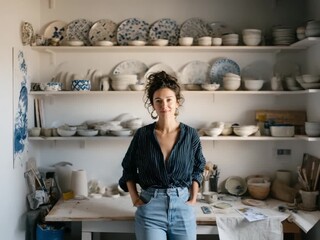 Artisan's Atelier: A radiant artisan stands amidst a collection of handcrafted pottery, her studio a haven of creativity and skill. Witness the embodiment of artistry and passion.