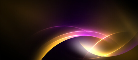 Abstract design features flowing curves, vibrant colors. Gold, purple, pink hues blend into dark background. Dynamic, modern aesthetic.