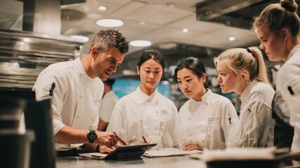 Culinary Collaboration: A team of chefs huddle together in a bustling kitchen, engrossed in their work.