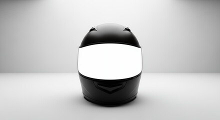 Black Motorcycle Helmet with Blank Visor on White Background.