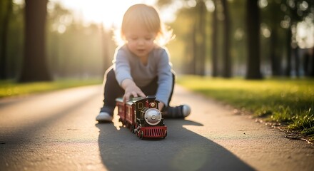 Adorable toddler playing with toy train on sun-drenched path, fostering imagination and joy in a serene park setting during golden hour light