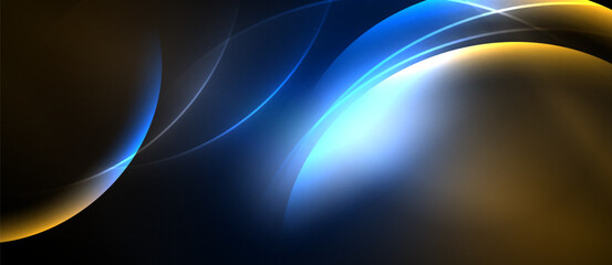 Abstract design features flowing curves, vibrant blues, golds against dark background. Light radiates, creating dynamic visual effect.